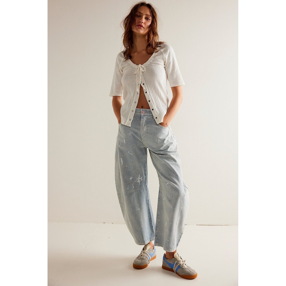 We The Free Free People Lucky You Mid Rise Barrel Jeans Hickory Stripe Blue 28